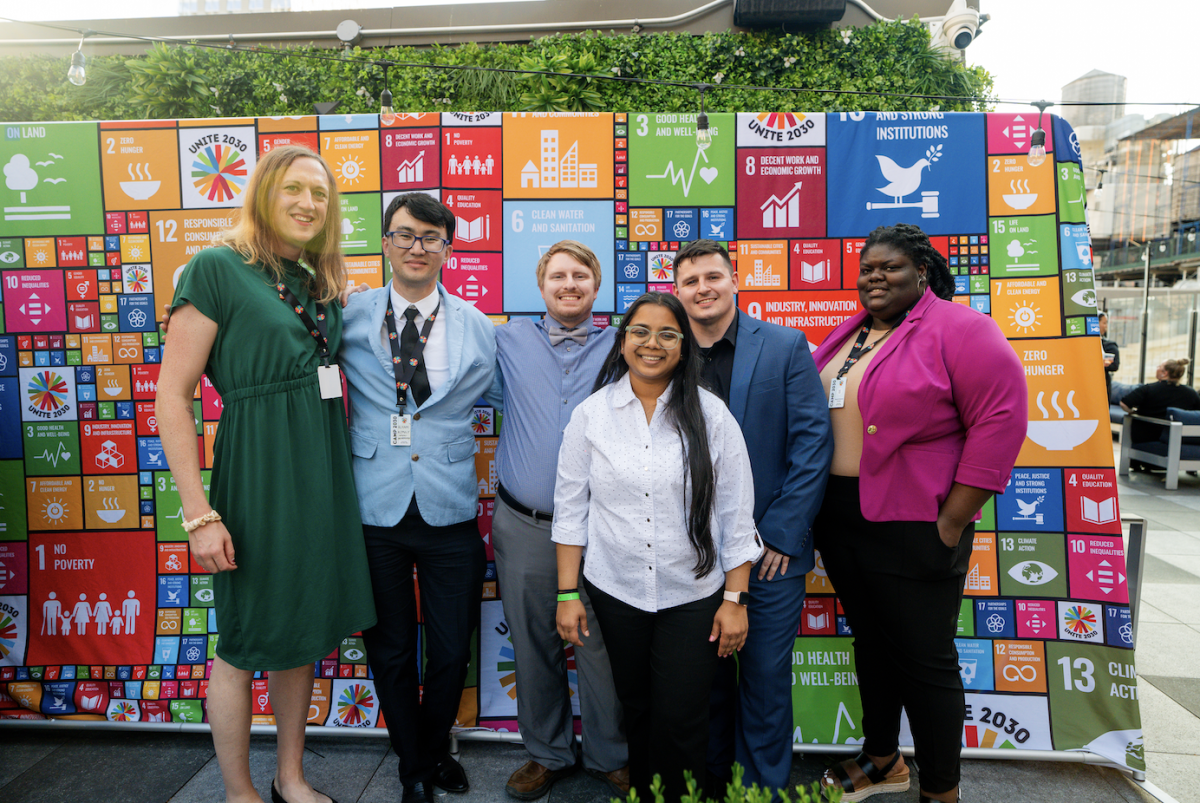 
Caption for Camp 2040 Photo(s): Six MATC students (left to right: Elsa Marks, Alham Alipuly, Bryan Morearty, Apexa Prajapati, Warren Murphy, and Naomi Omoruyi) pose on a NYC rooftop after securing 1st and 2nd place victories for their pitches regarding solutions for the United Nations Sustainable Development goals. Photo courtesy of Camp 2030.